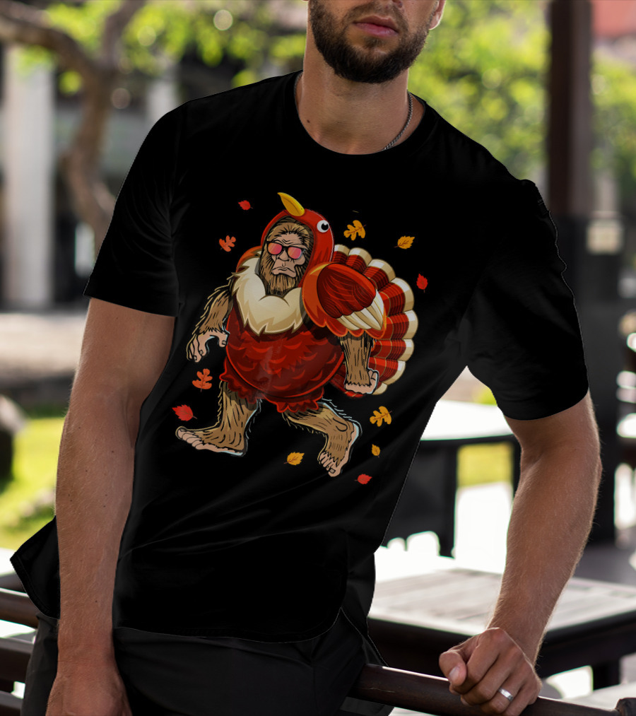 Thanksgiving Bigfoot Turkey Costume Fall Leaves T-Shirt