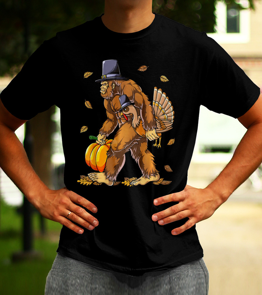 Bigfoot Pilgrim Turkey Carrying Pumpkin Thanksgiving T-Shirt