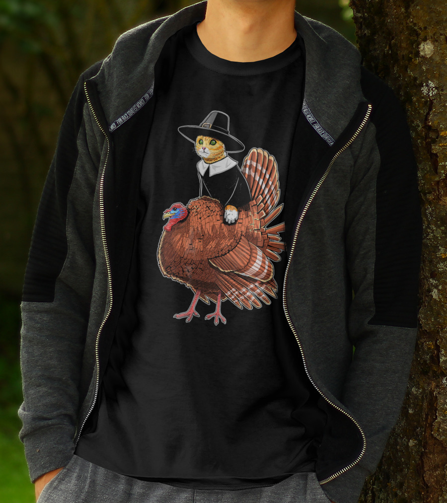 Thanksgiving Cat Dressed As Pilgrim Riding Turkey T-Shirt