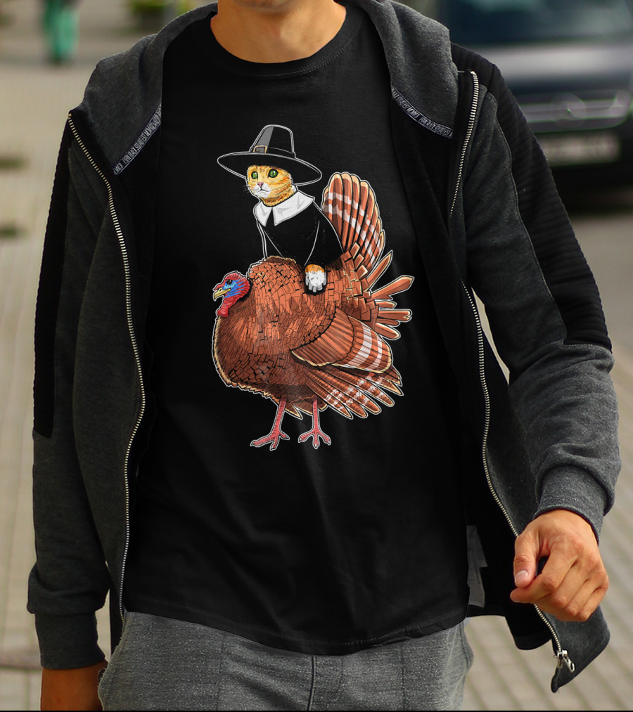 Thanksgiving Cat Dressed As Pilgrim Riding Turkey T-Shirt