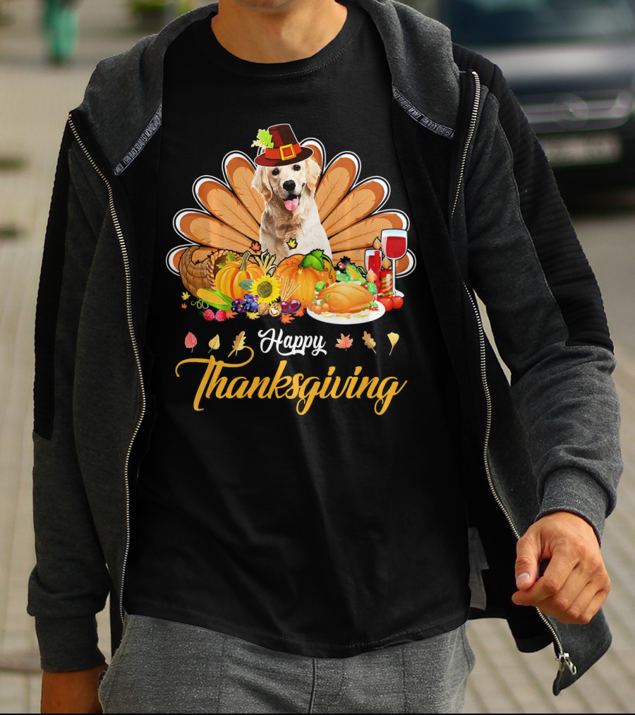 Happy Thanksgiving Golden Retriever Turkey Dish Wine T-Shirt