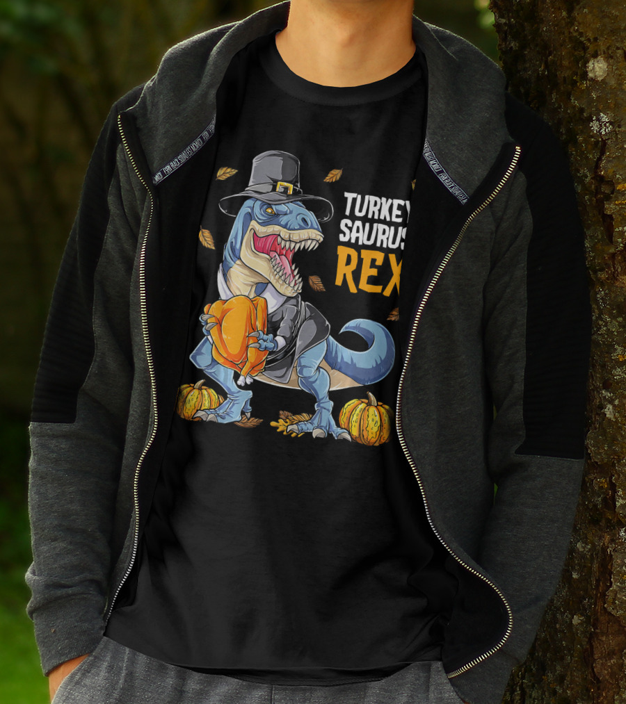 Turkey Saurus Rex Dinosaur Thanksgiving Boys Pilgrim Hat Pumpkin T-Shirt