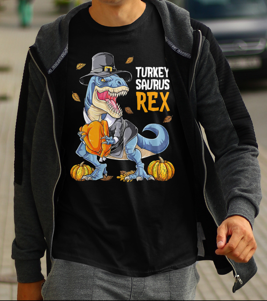 Turkey Saurus Rex Dinosaur Thanksgiving Boys Pilgrim Hat Pumpkin T-Shirt