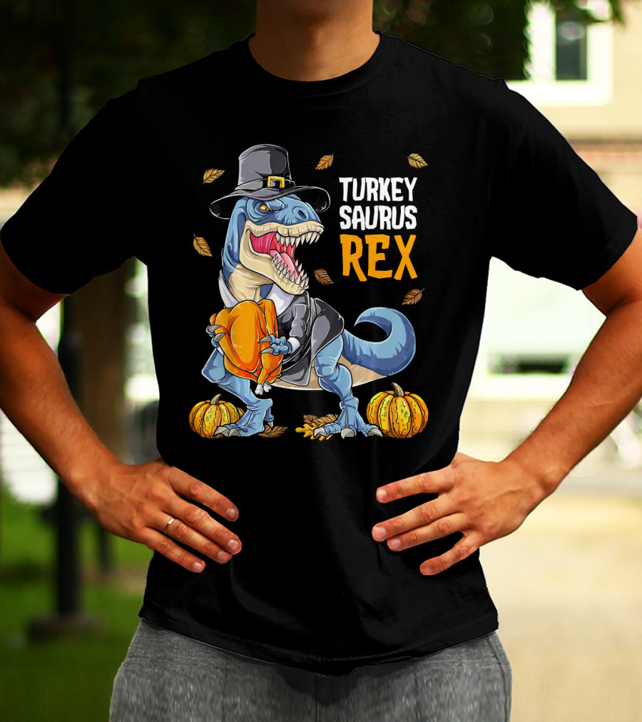 Turkey Saurus Rex Dinosaur Thanksgiving Boys Pilgrim Hat Pumpkin T-Shirt