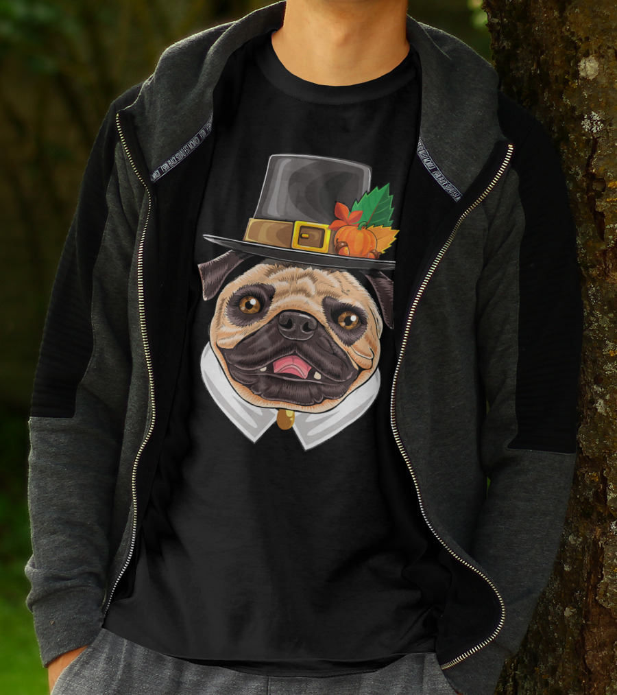Thanksgiving Pug Pilgrim Hat With Pumpkin And Leaves T-Shirt