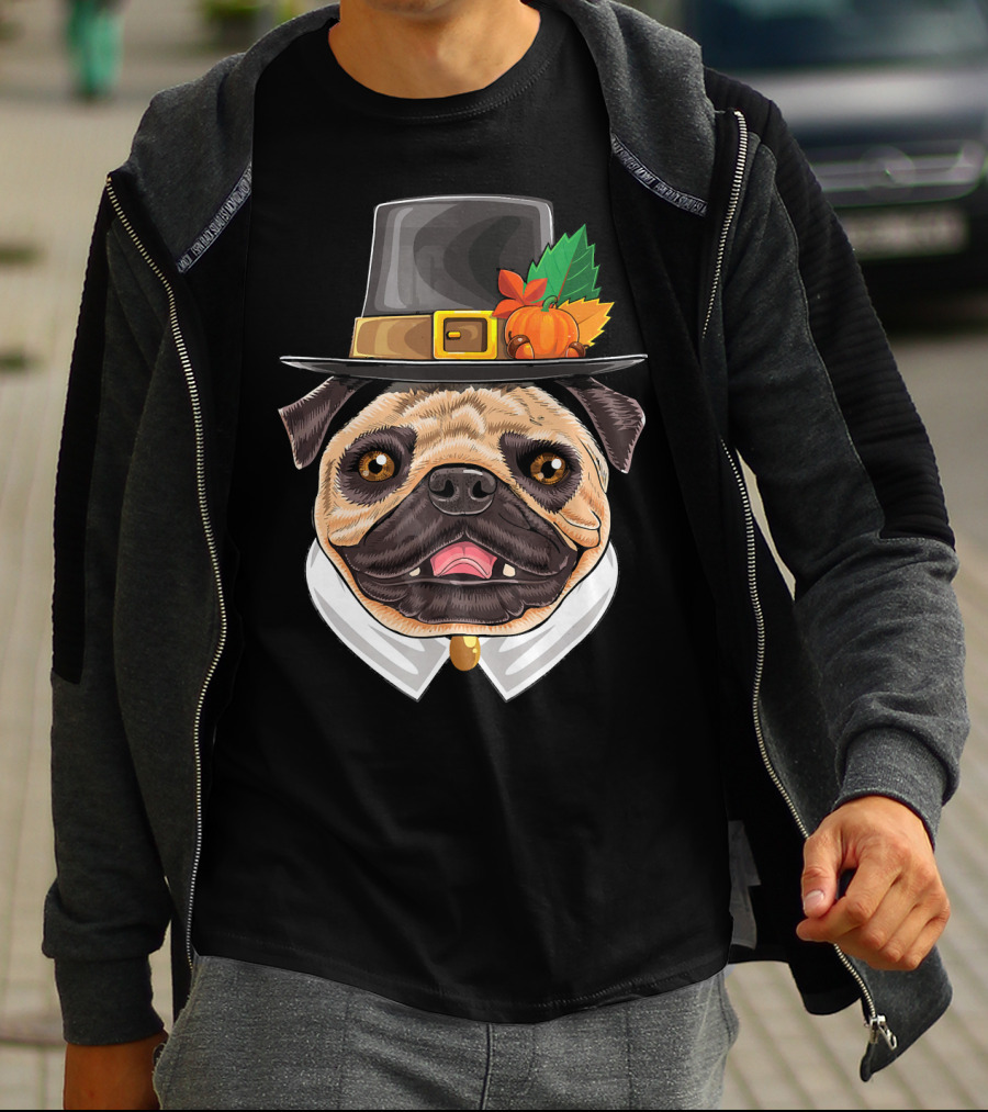 Thanksgiving Pug Pilgrim Hat With Pumpkin And Leaves T-Shirt