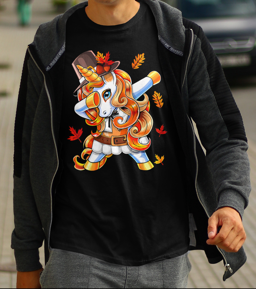 Thanksgiving Pilgrim Unicorn Dabbing Autumn Leaves T-Shirt