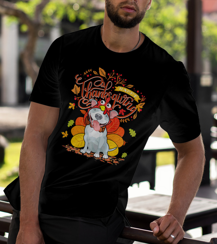 Happy Thanksgiving Pit Bull Wearing Turkey Hat Autumn Leaves T-Shirt