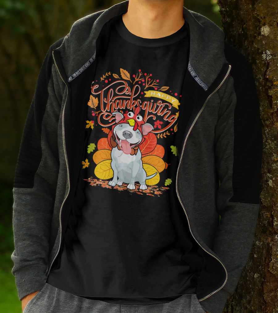 Happy Thanksgiving Pit Bull Wearing Turkey Hat Autumn Leaves T-Shirt