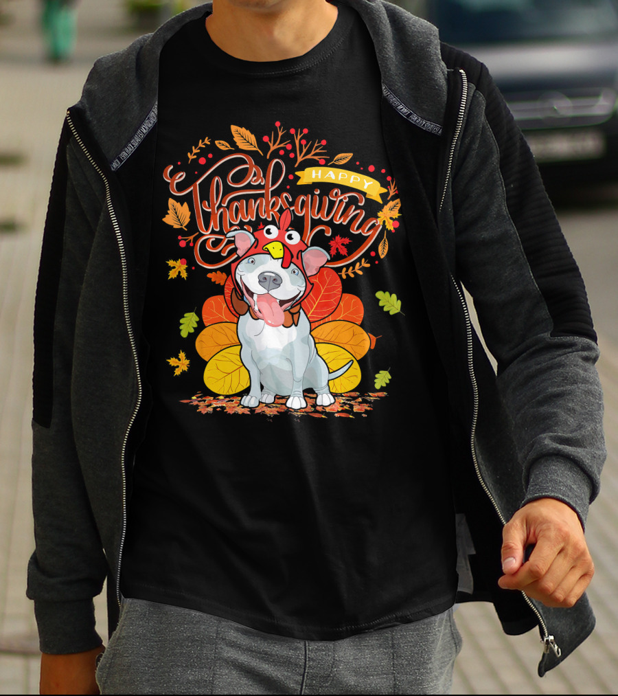 Happy Thanksgiving Pit Bull Wearing Turkey Hat Autumn Leaves T-Shirt
