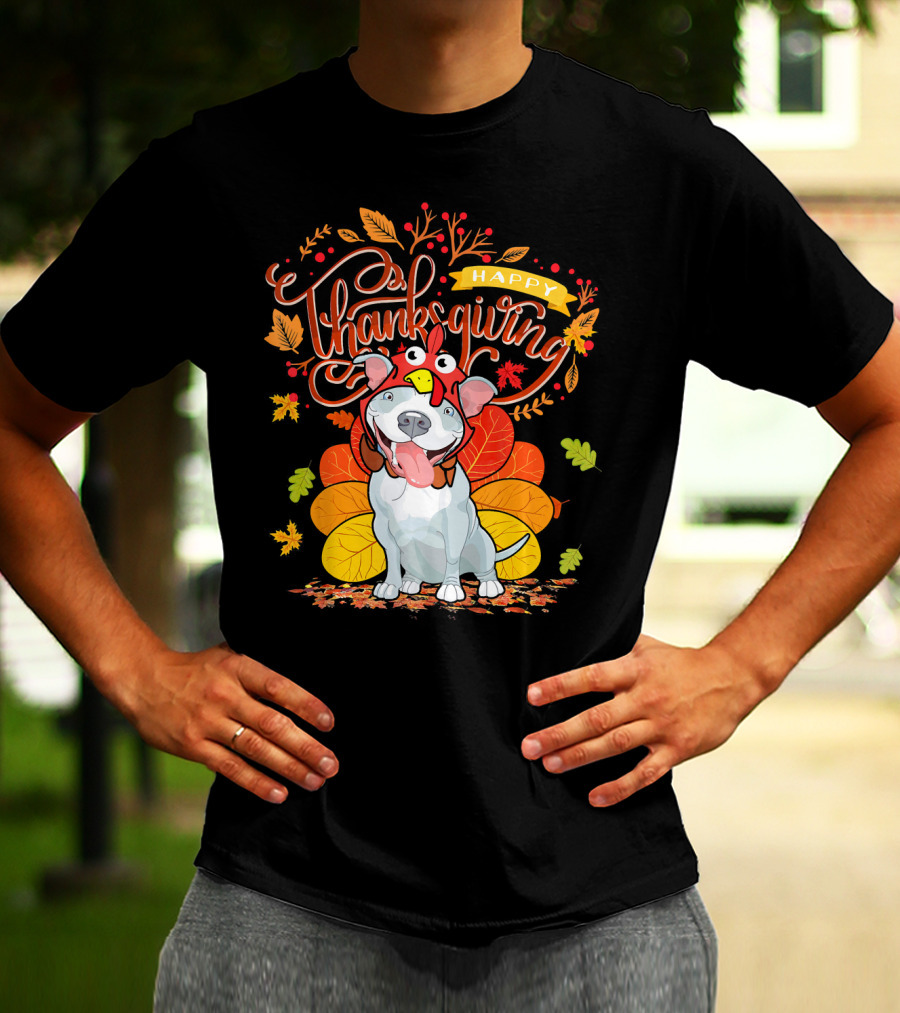 Happy Thanksgiving Pit Bull Wearing Turkey Hat Autumn Leaves T-Shirt