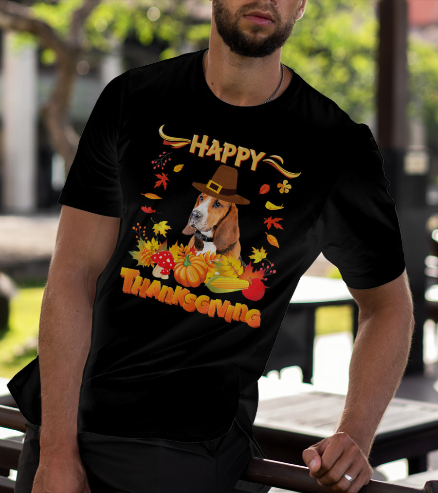 Happy Thanksgiving Basset Hound Dog With Pilgrim Hat And Autumn Harvest Elements T-Shirt
