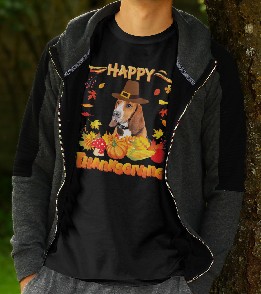 Happy Thanksgiving Basset Hound Dog With Pilgrim Hat And Autumn Harvest Elements T-Shirt