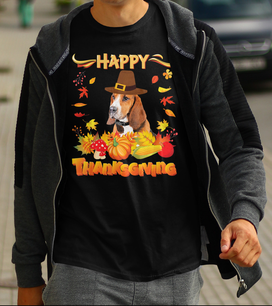 Happy Thanksgiving Basset Hound Dog With Pilgrim Hat And Autumn Harvest Elements T-Shirt