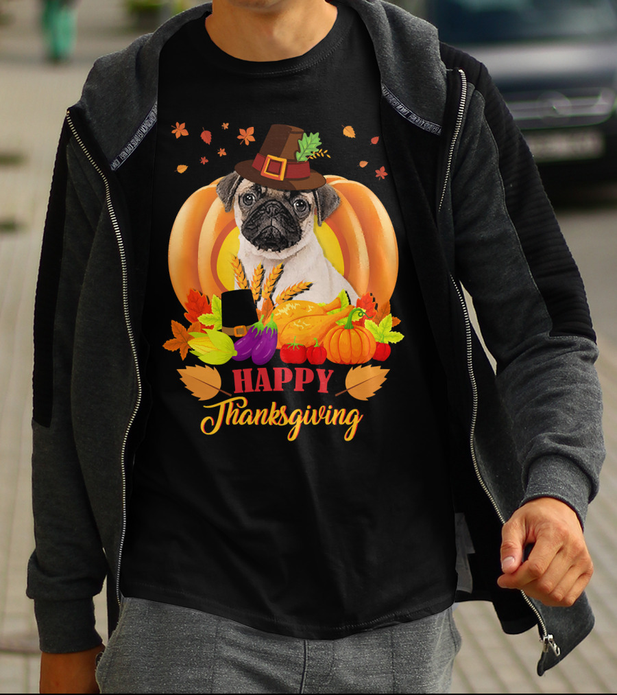 Happy Thanksgiving Pug With Pilgrim Hat And Harvest Pumpkins T-Shirt