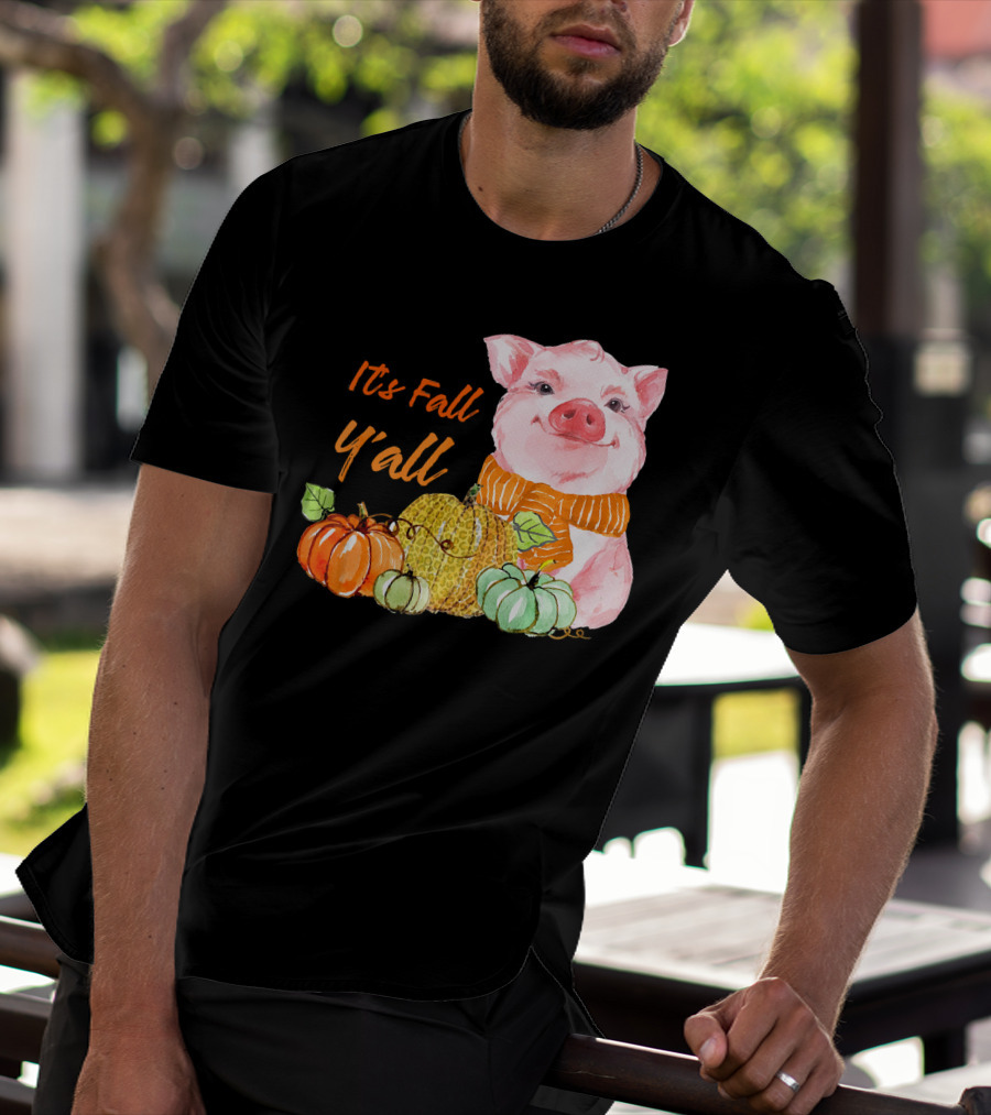 Its Fall Y'all Cute Pig With Leopard Pumpkin Scarf T-Shirt