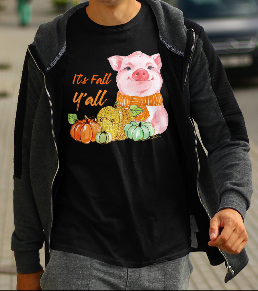 Its Fall Y'all Cute Pig With Leopard Pumpkin Scarf T-Shirt