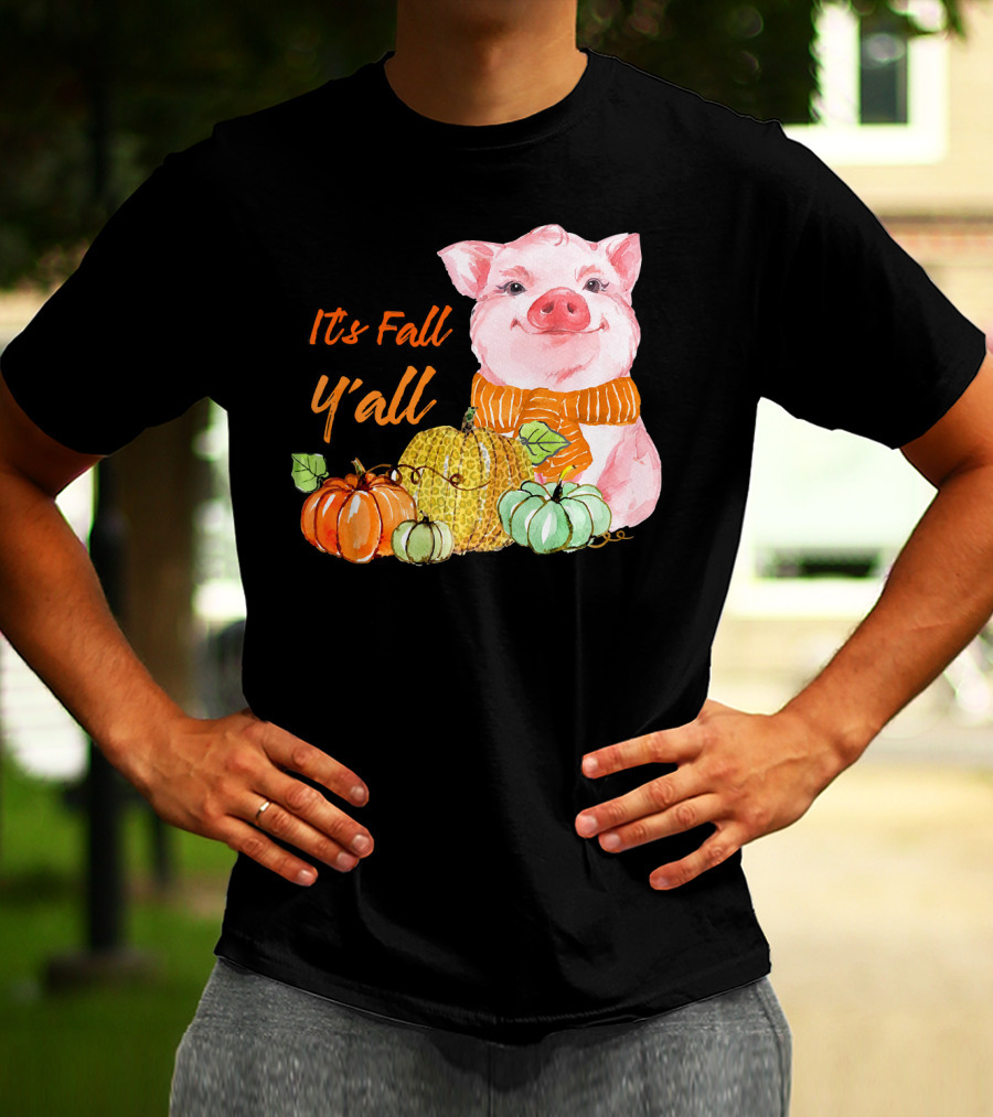Its Fall Y'all Cute Pig With Leopard Pumpkin Scarf T-Shirt