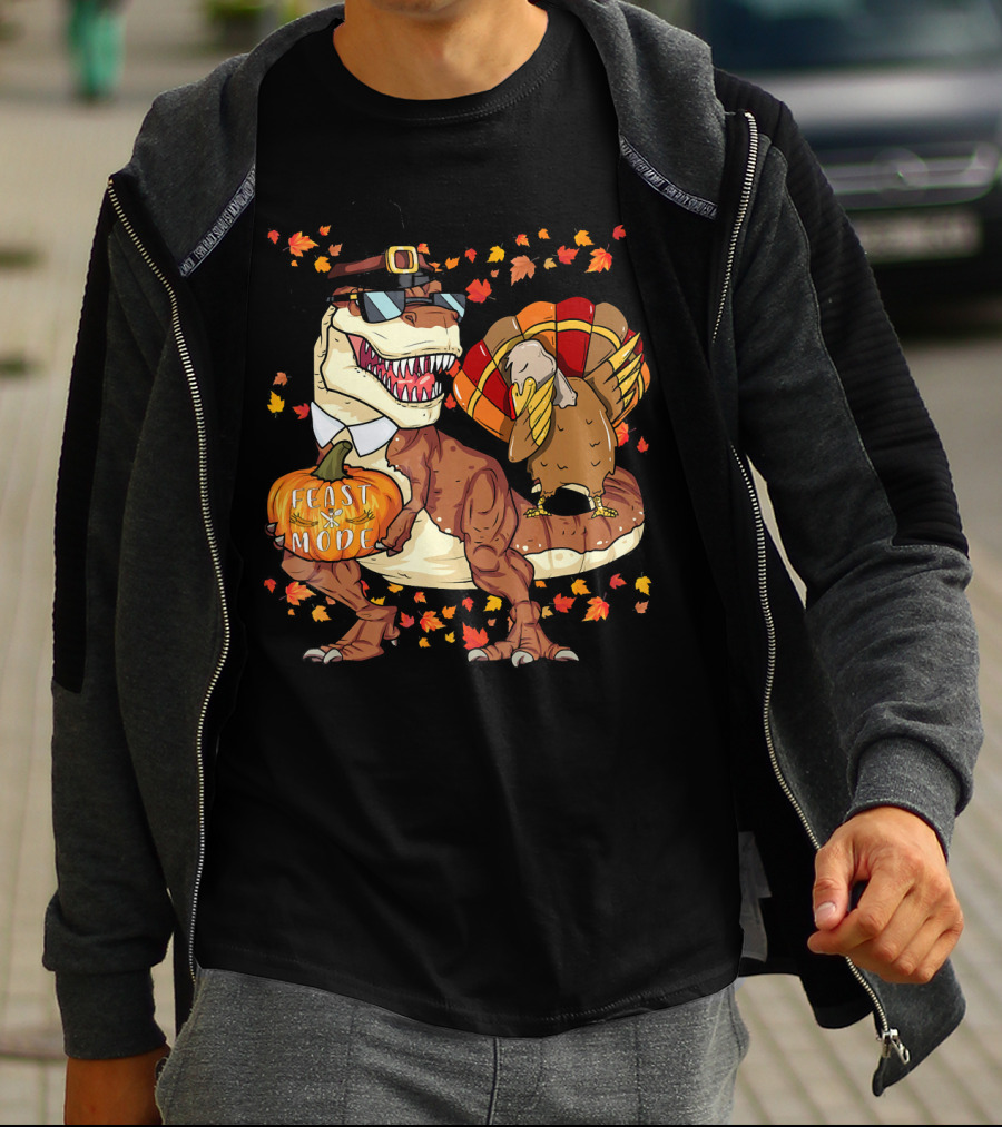 Thanksgiving Feast Mode Dinosaur With Turkey And Autumn Leaves T-Shirt