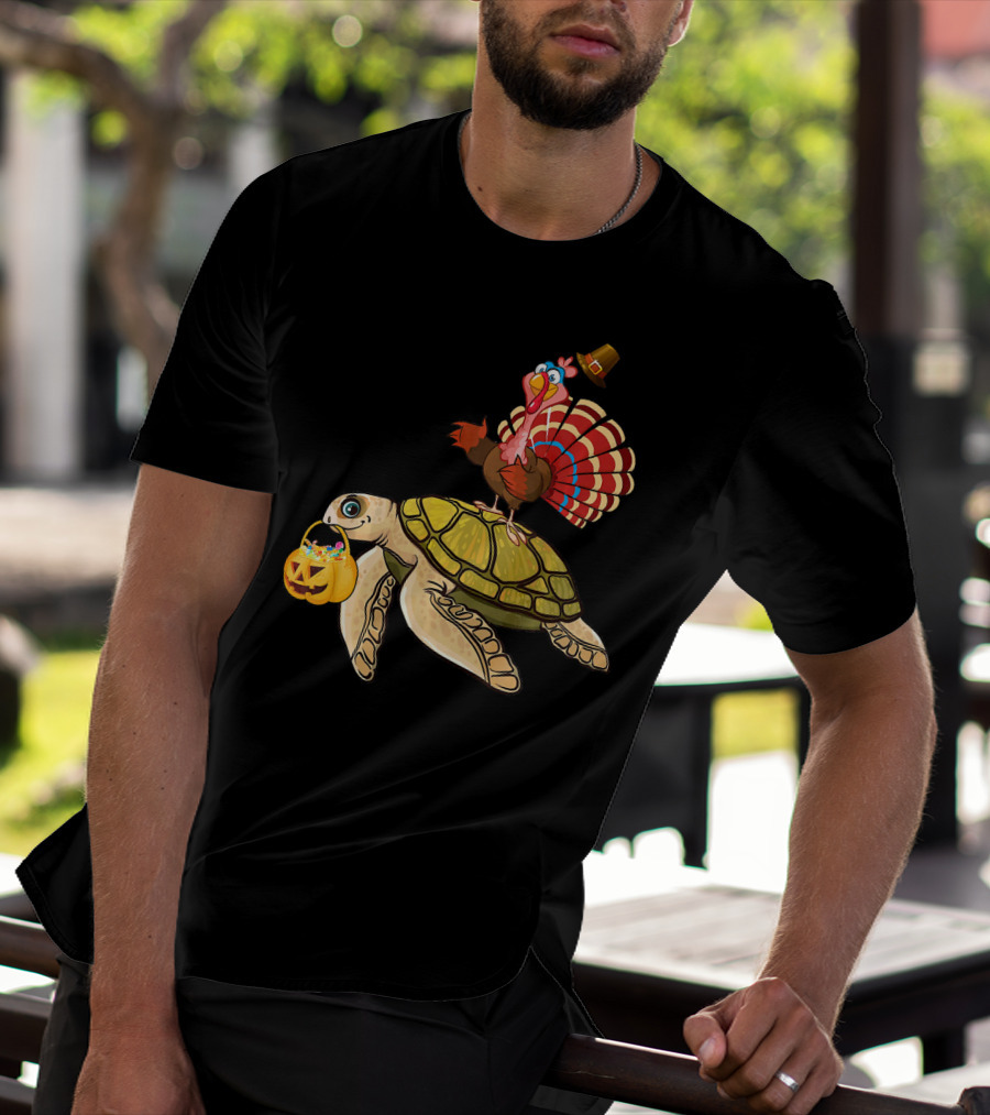 Turkey Riding Turtle Pumpkin Funny Sea Thanksgiving Halloween Fusion T-Shirt