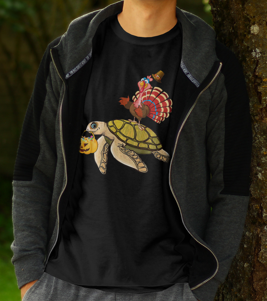 Turkey Riding Turtle Pumpkin Funny Sea Thanksgiving Halloween Fusion T-Shirt
