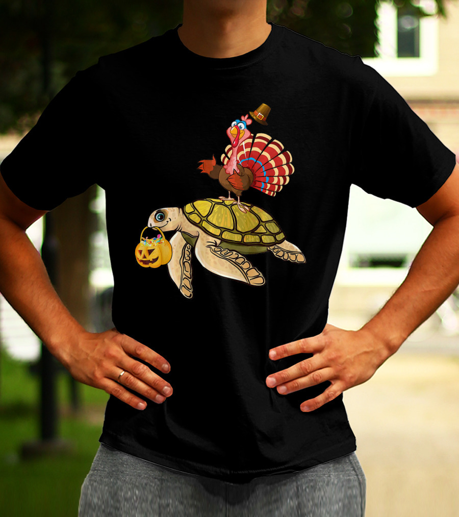 Turkey Riding Turtle Pumpkin Funny Sea Thanksgiving Halloween Fusion T-Shirt