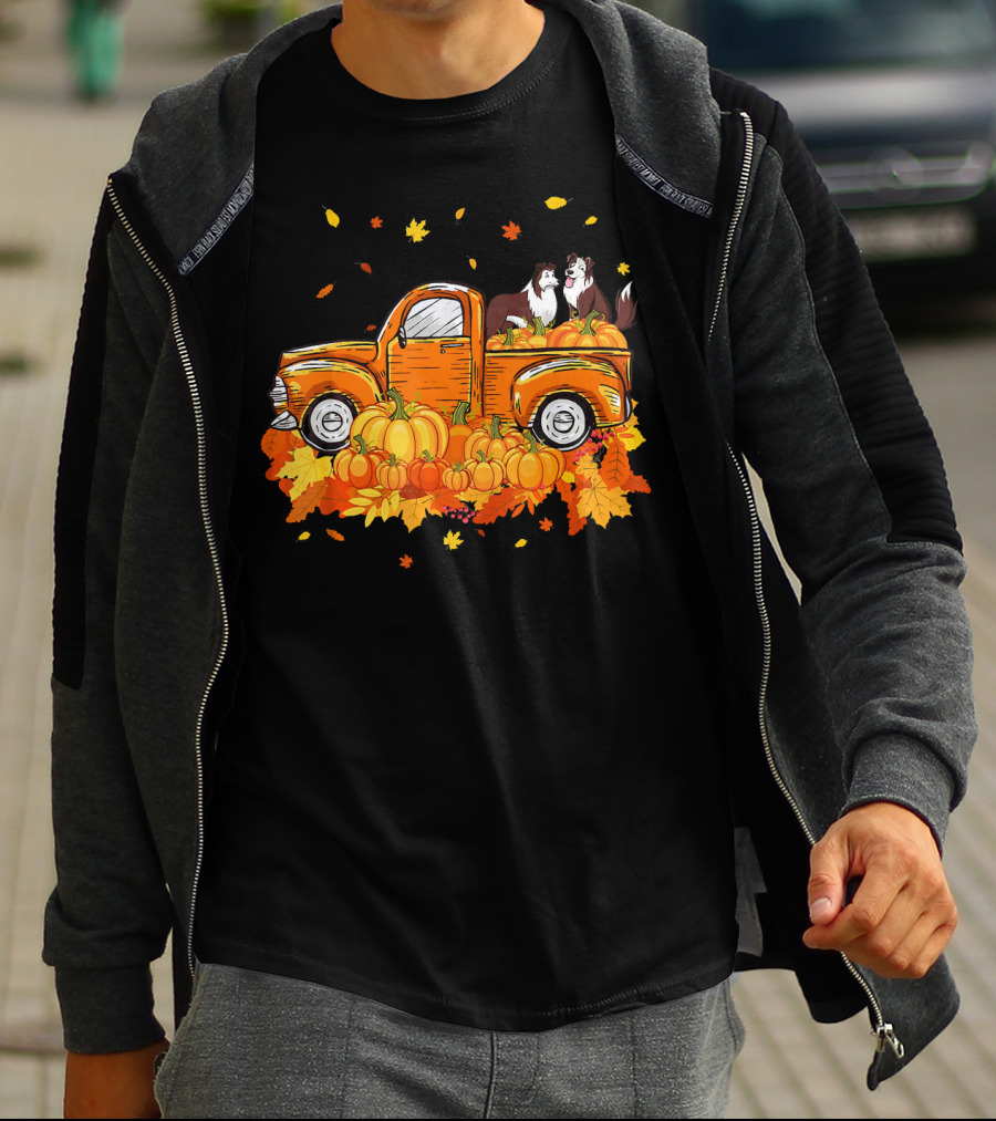 Heeler Pumpkin Truck With Fall Leaves And Pumpkins For Halloween T-Shirt