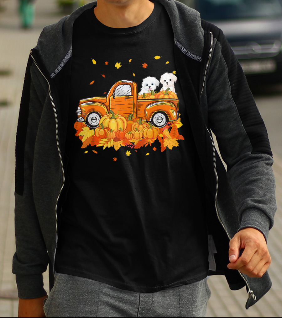 Maltese Dogs Riding Pumpkin Truck For Halloween T-Shirt