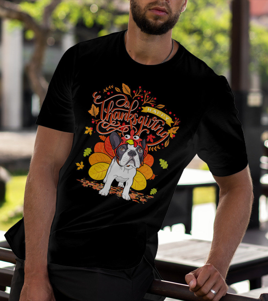 Happy Thanksgiving French Bulldog With Turkey Hat And Fall Leaves T-Shirt