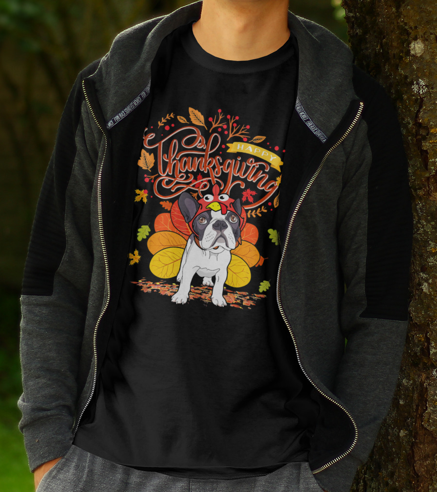 Happy Thanksgiving French Bulldog With Turkey Hat And Fall Leaves T-Shirt