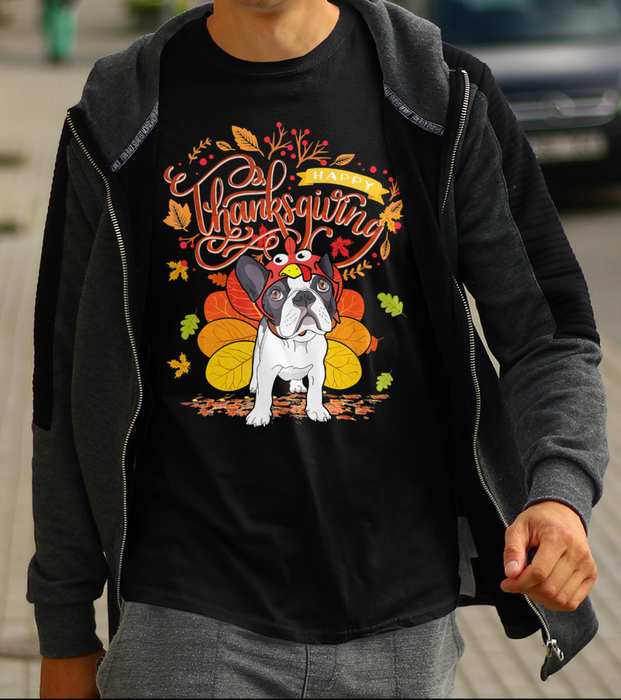 Happy Thanksgiving French Bulldog With Turkey Hat And Fall Leaves T-Shirt