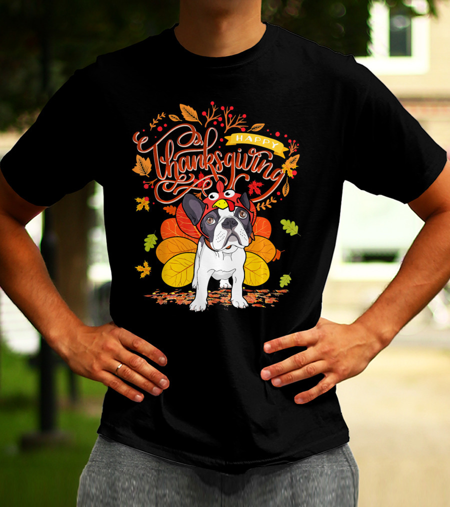 Happy Thanksgiving French Bulldog With Turkey Hat And Fall Leaves T-Shirt