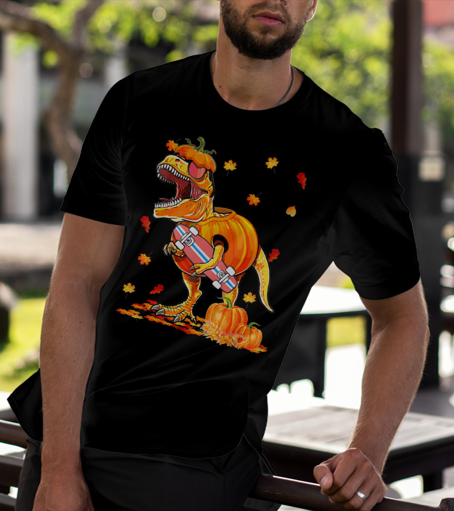 Dinosaur Pumpkin Skateboard Autumn Leaves Hall T-Shirt