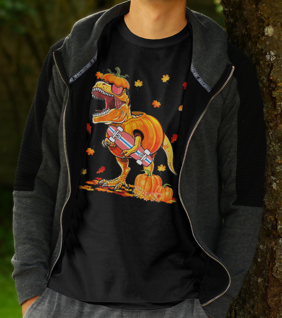 Dinosaur Pumpkin Skateboard Autumn Leaves Hall T-Shirt