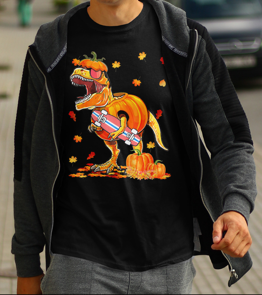 Dinosaur Pumpkin Skateboard Autumn Leaves Hall T-Shirt