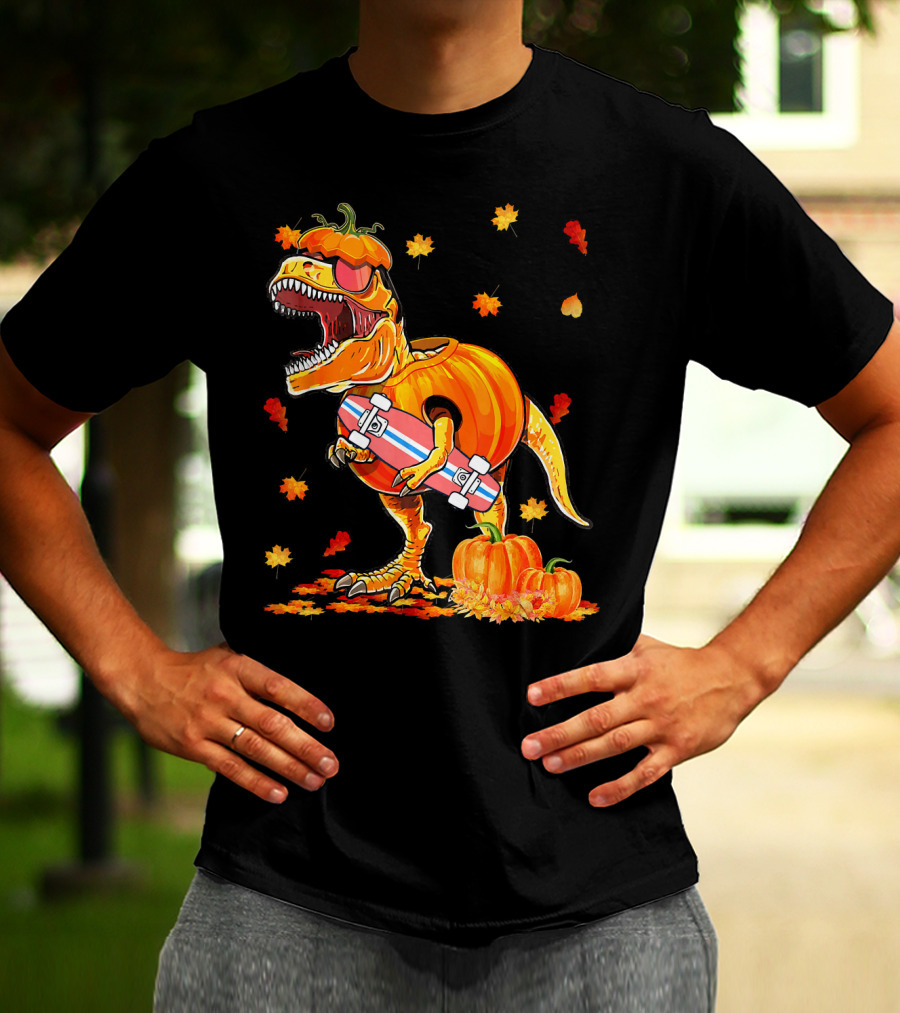 Dinosaur Pumpkin Skateboard Autumn Leaves Hall T-Shirt