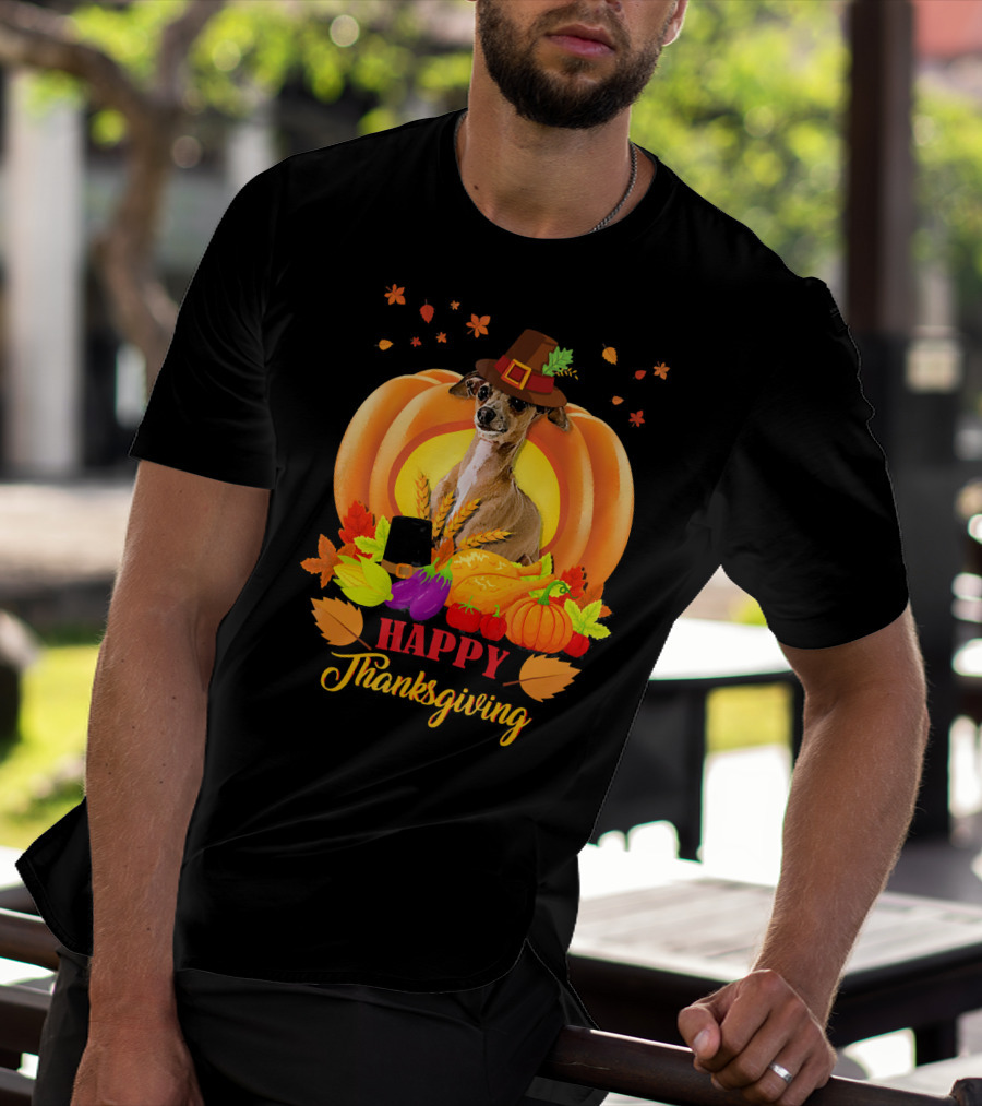 Italian Greyhound Happy Thanksgiving Pilgrim Hat Pumpkin Leaves T-Shirt