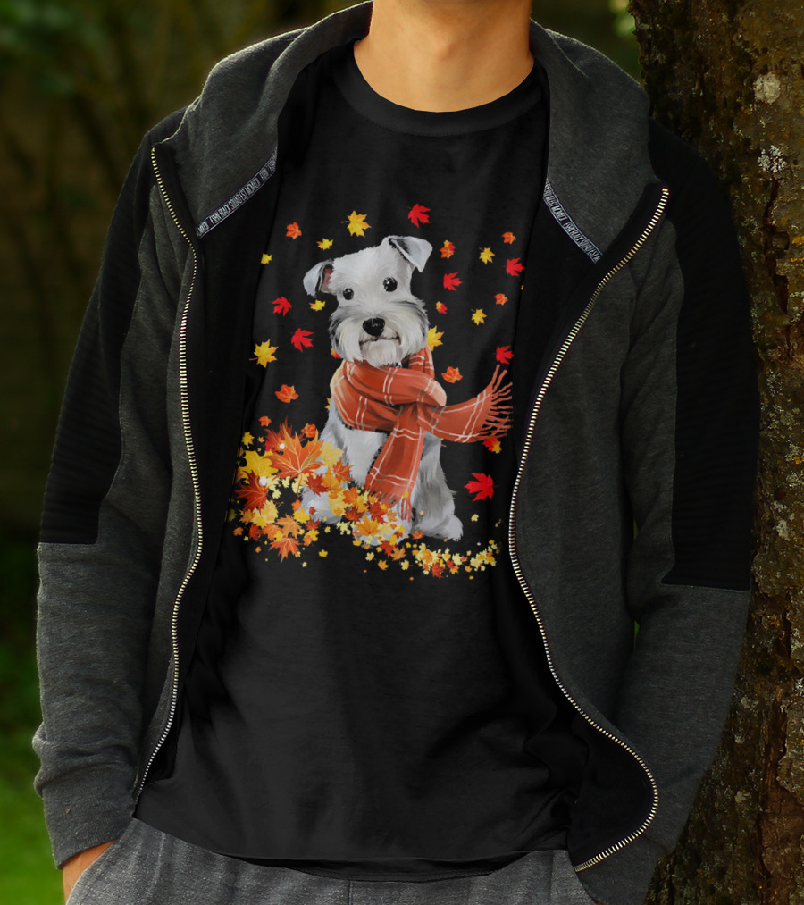 Cute Schnauzer Dog Autumn Leaves And Cozy Scarf T-Shirt