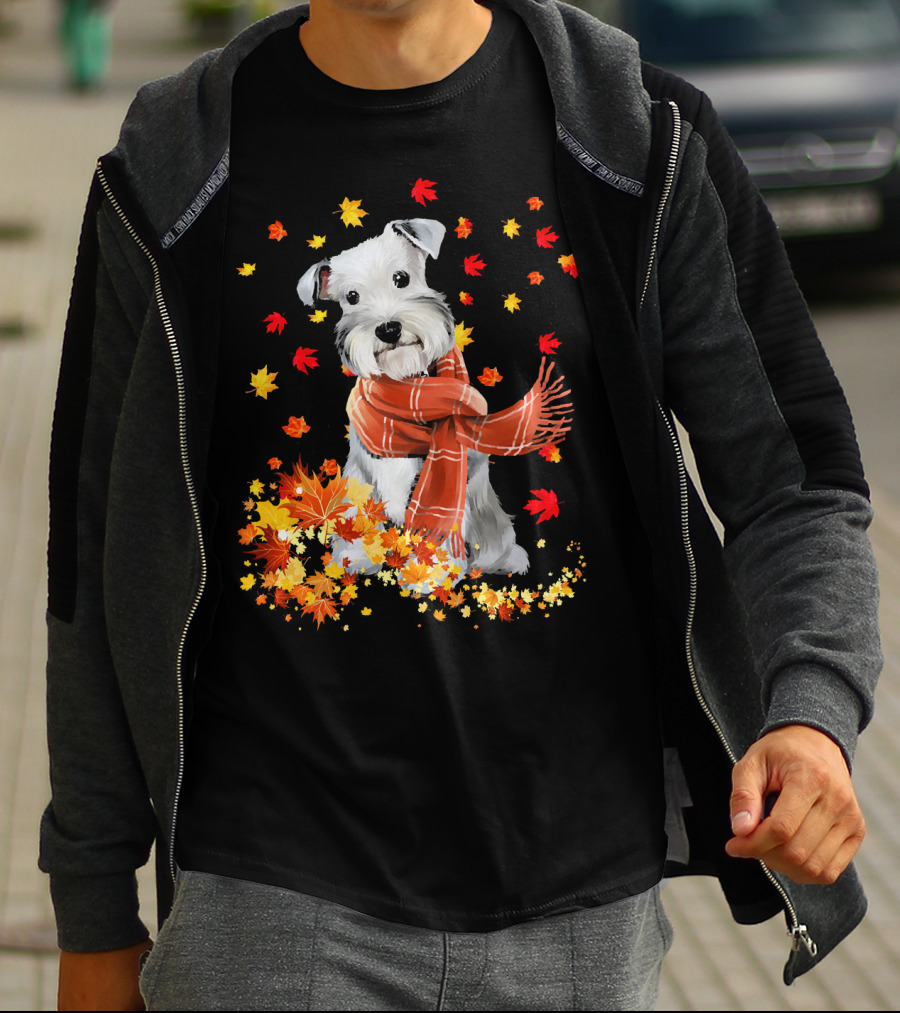 Cute Schnauzer Dog Autumn Leaves And Cozy Scarf T-Shirt