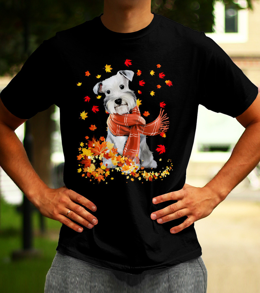 Cute Schnauzer Dog Autumn Leaves And Cozy Scarf T-Shirt