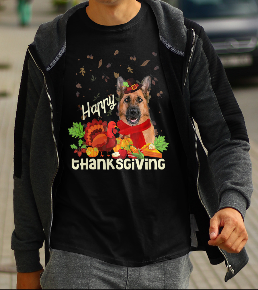 Happy Thanksgiving Pilgrim German Shepherd With Turkey And Fall Leaves T-Shirt