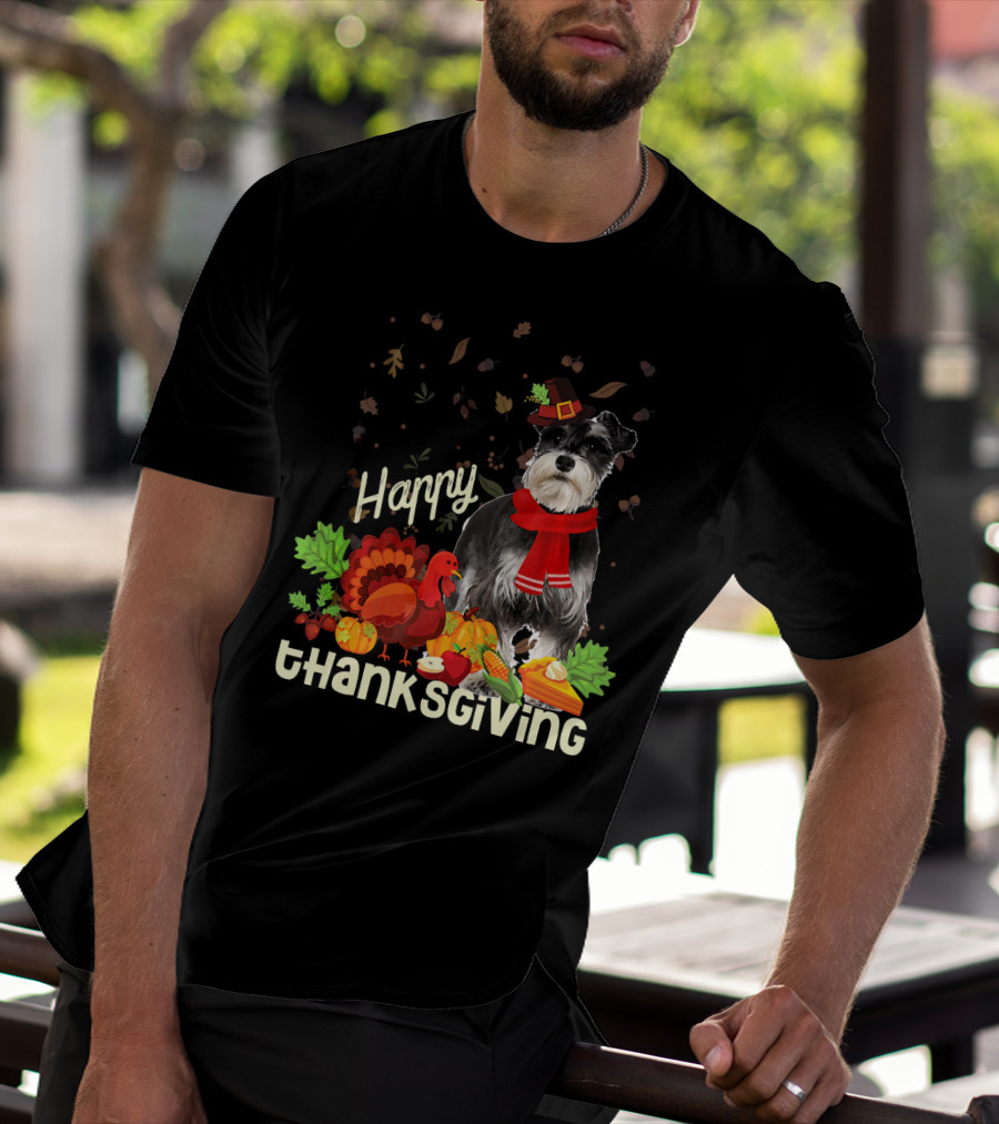 Happy Thanksgiving Pilgrim Miniature Schnauzer Turkey Pumpkin Pie Autumn Leaves T-Shirt