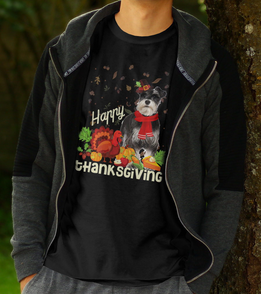 Happy Thanksgiving Pilgrim Miniature Schnauzer Turkey Pumpkin Pie Autumn Leaves T-Shirt