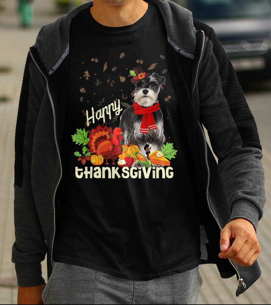 Happy Thanksgiving Pilgrim Miniature Schnauzer Turkey Pumpkin Pie Autumn Leaves T-Shirt
