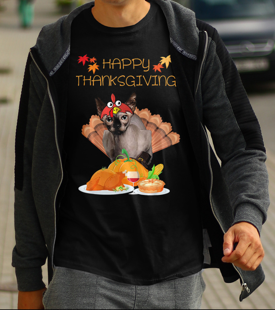 Happy Thanksgiving Sphynx Cat Turkey Feast T-Shirt
