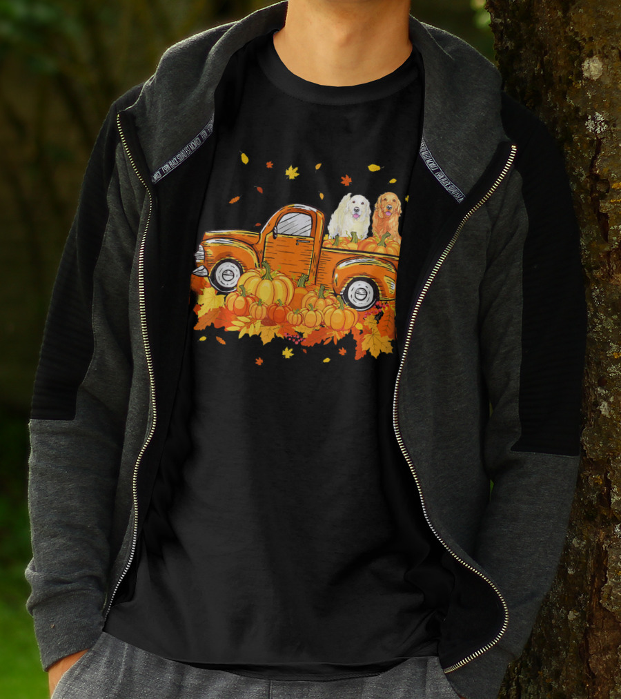Golden Retriever Puppies In Vintage Pumpkin Truck With Autumn Leaves T-Shirt
