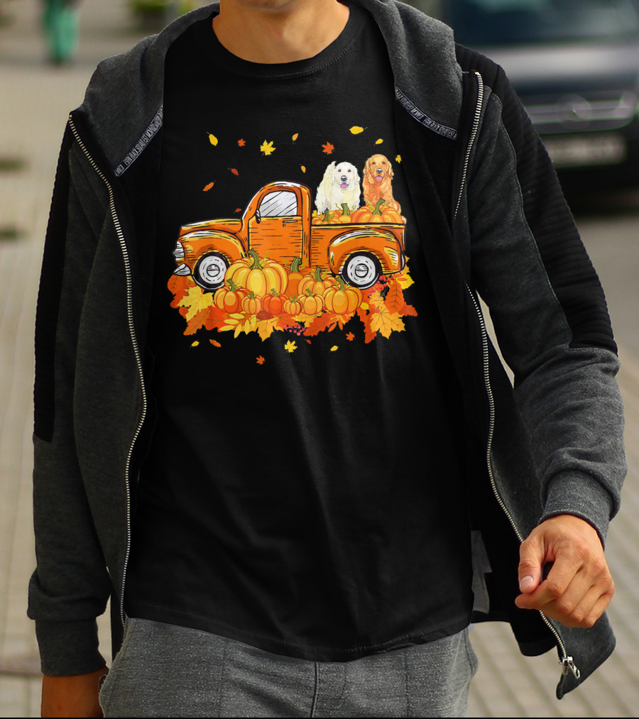 Golden Retriever Puppies In Vintage Pumpkin Truck With Autumn Leaves T-Shirt