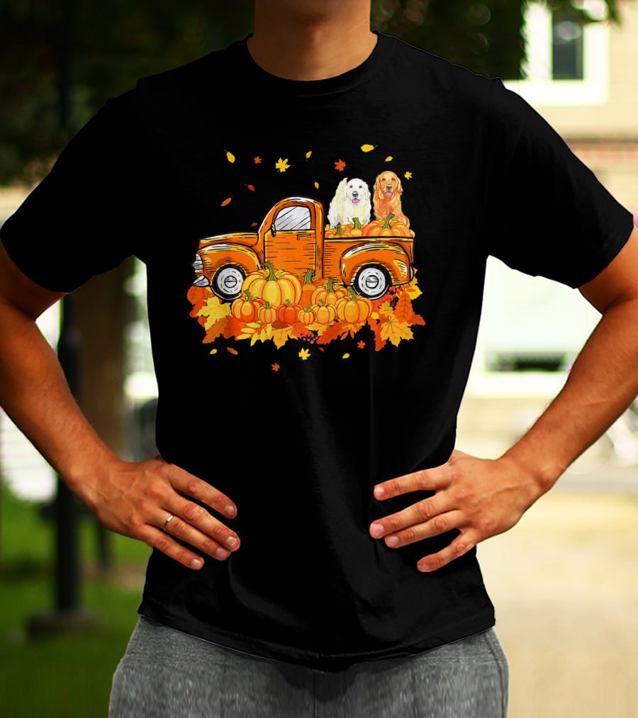 Golden Retriever Puppies In Vintage Pumpkin Truck With Autumn Leaves T-Shirt