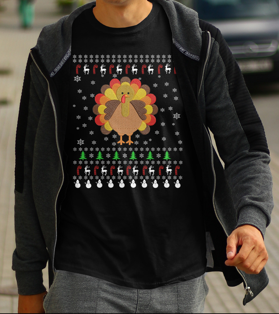 Thanksgiving Turkey With Snowflakes Reindeer Trees And Candy Canes T-Shirt