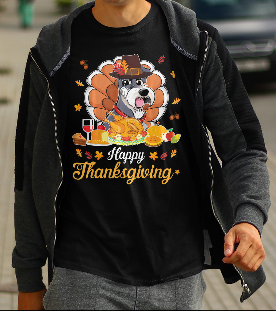 Happy Thanksgiving Schnauzer Pilgrim Turkey Feast Wine T-Shirt